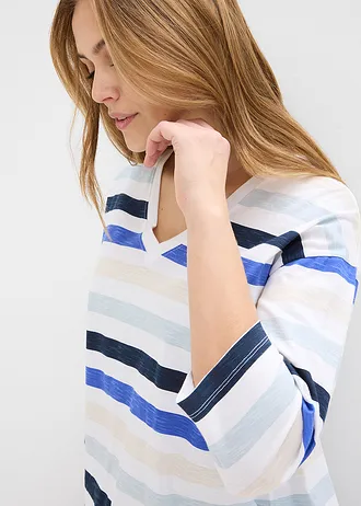 Póló bio-pamutból és 3/4-es ujjakkal • púderkék-csíkos • bonprix áruház