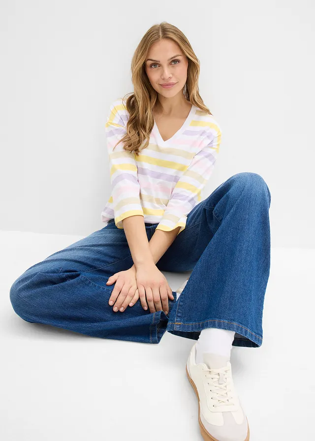 Slub shirt van biologisch katoen, 3/4 mouwen • poederlila gestreept • product-page.page-title-suffix