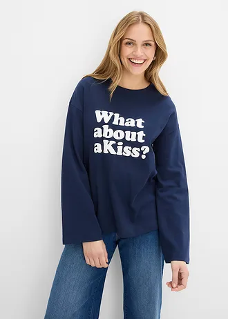 T-shirt manches longues en coton épais • bleu foncé-écru imprimé • Boutique bonprix