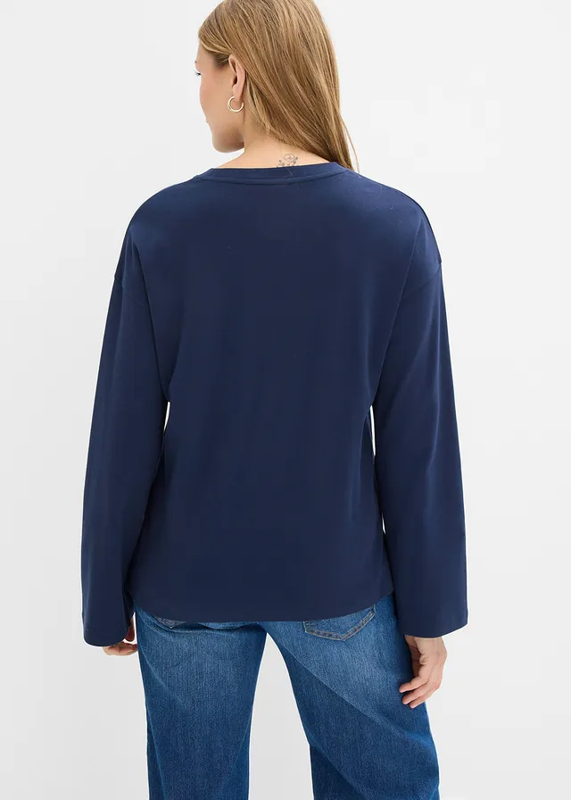 T-shirt manches longues en coton épais • bleu foncé/écru imprimé • product-page.page-title-suffix