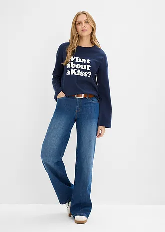 Longsleeve van zwaar katoen, Kleur: donkerblauw-wolwit met print