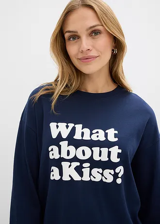 T-shirt manches longues en coton épais • bleu foncé-écru imprimé • Boutique bonprix