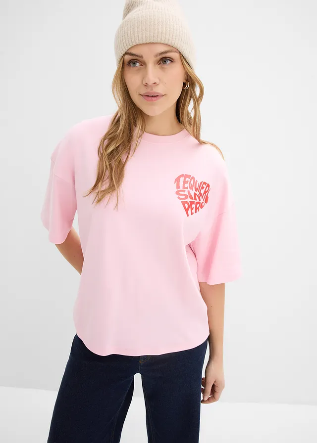 Boxy shirt van zwaar katoen, Kleur: kristalroze-aardbeirood met print