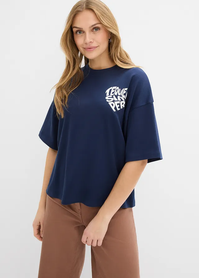 Pudełkowy T-shirt z grubej bawełny • granatowy-biel wełny z nadrukiem • sklep bonprix