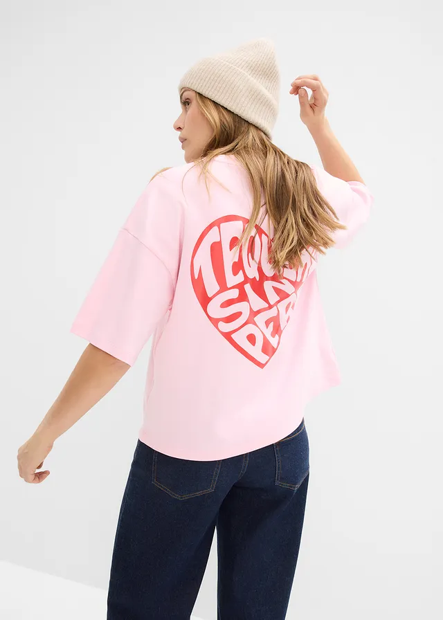 T-shirt boxy en coton épais, Couleur: rose cristal-fraise imprimé