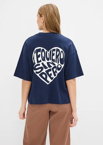 Boxy shirt van zwaar katoen, Kleur: donkerblauw-wolwit met print