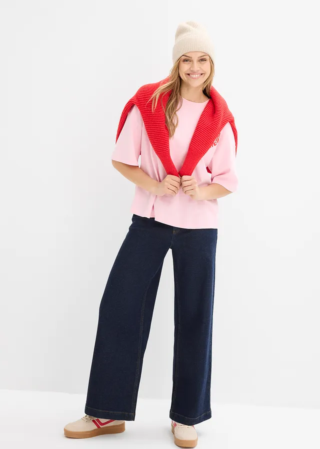 Bluză tricot boxy din bumbac plin roz-cristal-roșu-căpșună cu imprimeu