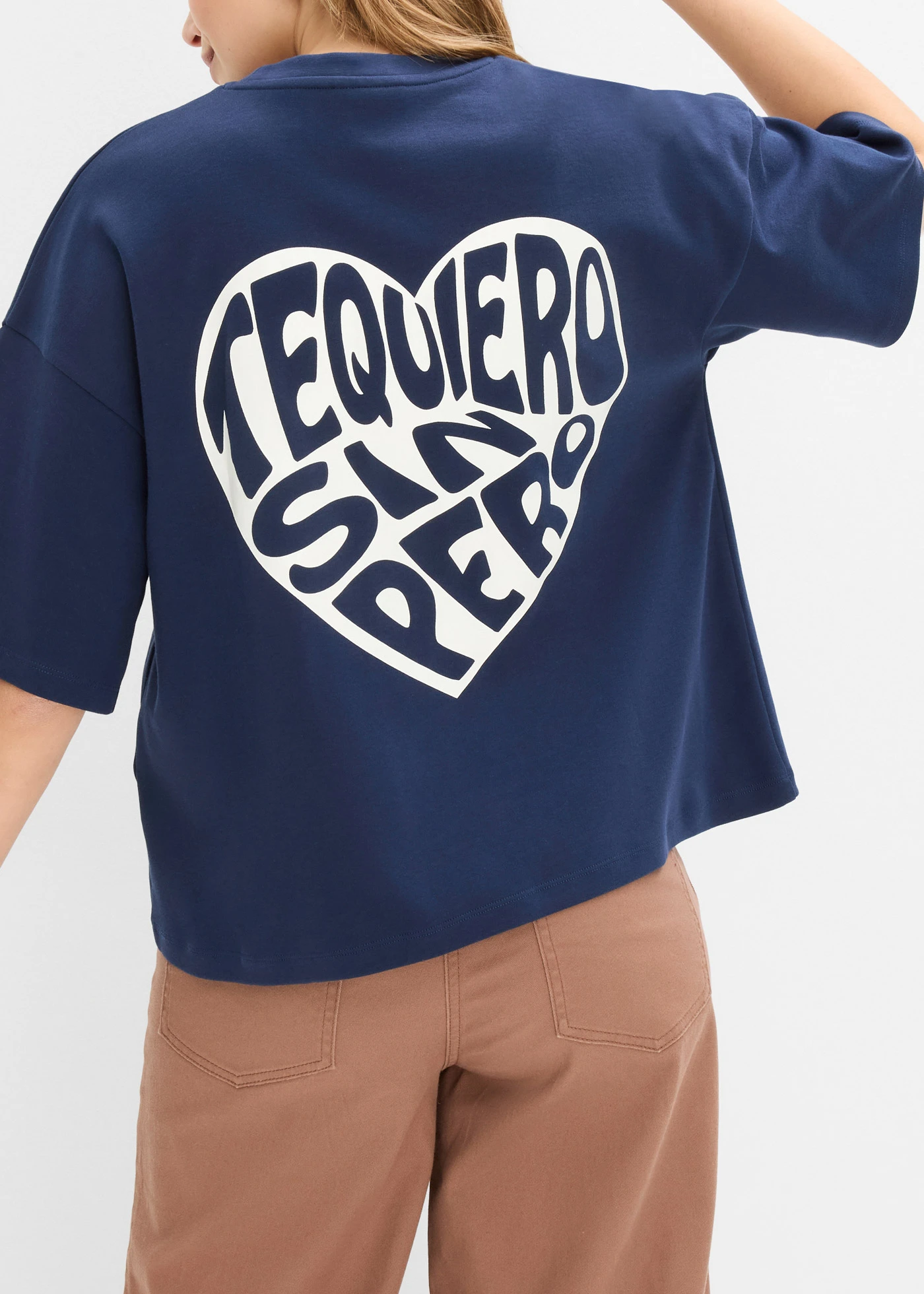 Pudełkowy T-shirt z grubej bawełny • granatowy-biel wełny z nadrukiem • sklep bonprix