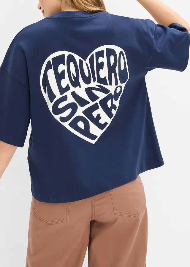 Pudełkowy T-shirt z grubej bawełny • granatowy-biel wełny z nadrukiem • sklep bonprix