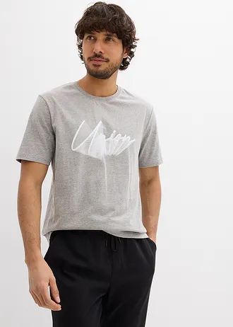 T-shirt z czystej bawełny organicznej • jasnoszary melanż z nadrukiem • sklep bonprix