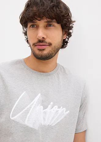 T-shirt z czystej bawełny organicznej • jasnoszary melanż z nadrukiem • sklep bonprix