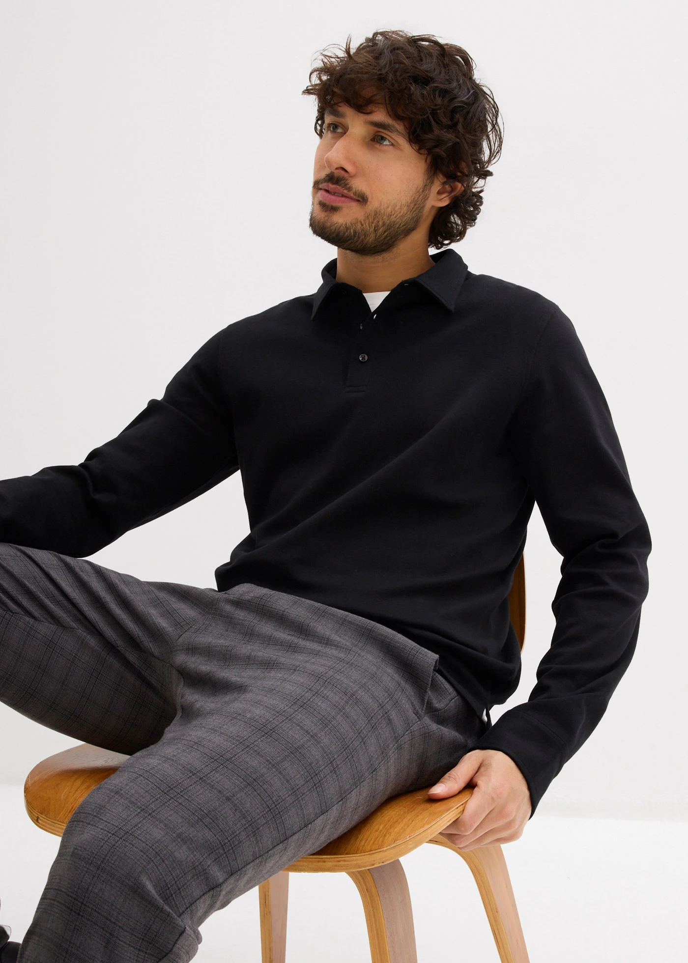 Poloshirt met lange mouwen van extra zacht katoen, Slim Fit • zwart • bonprix online shop