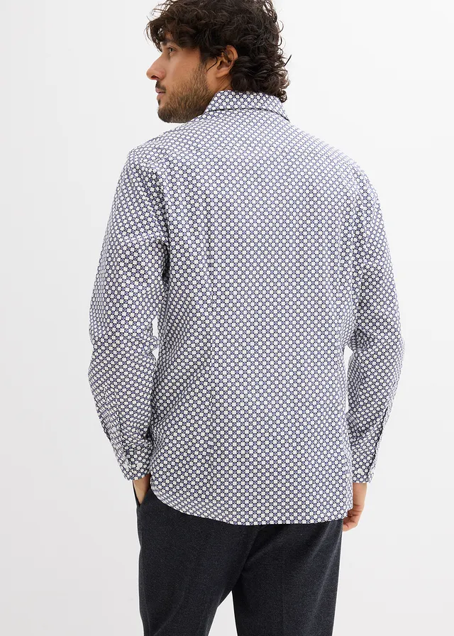 Chemise business 100% coton, moderne, Couleur: blanc-bleu graphique
