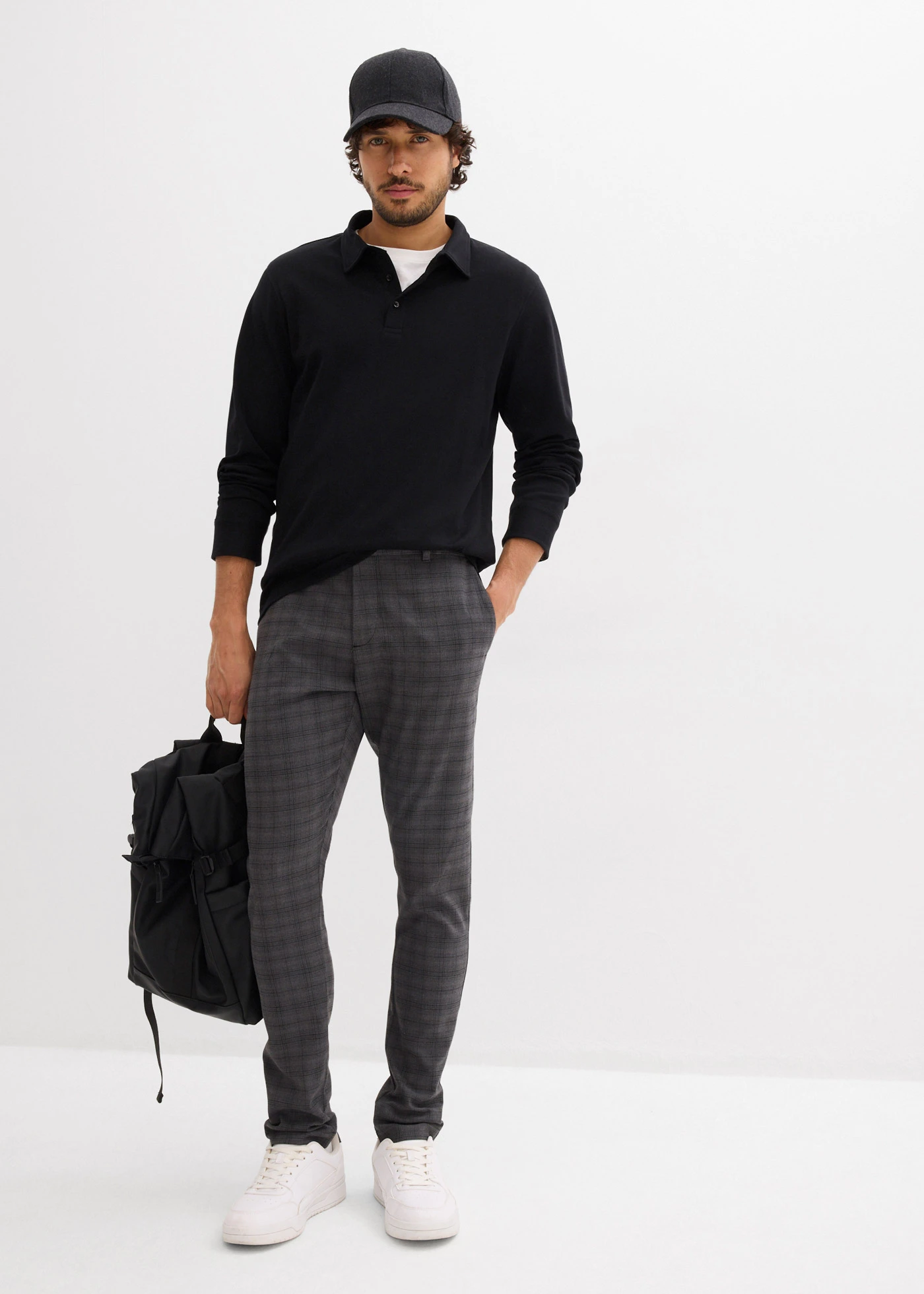 Stretch pantalon met gerecycled polyester • antraciet gemêleerd-zwart geruit • bonprix online shop