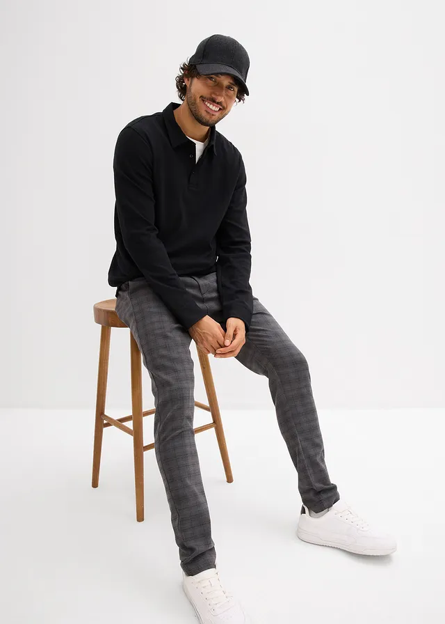 Stretch pantalon met elastische tailleband, regular fit • antraciet gemêleerd-zwart geruit • product-page.page-title-suffix