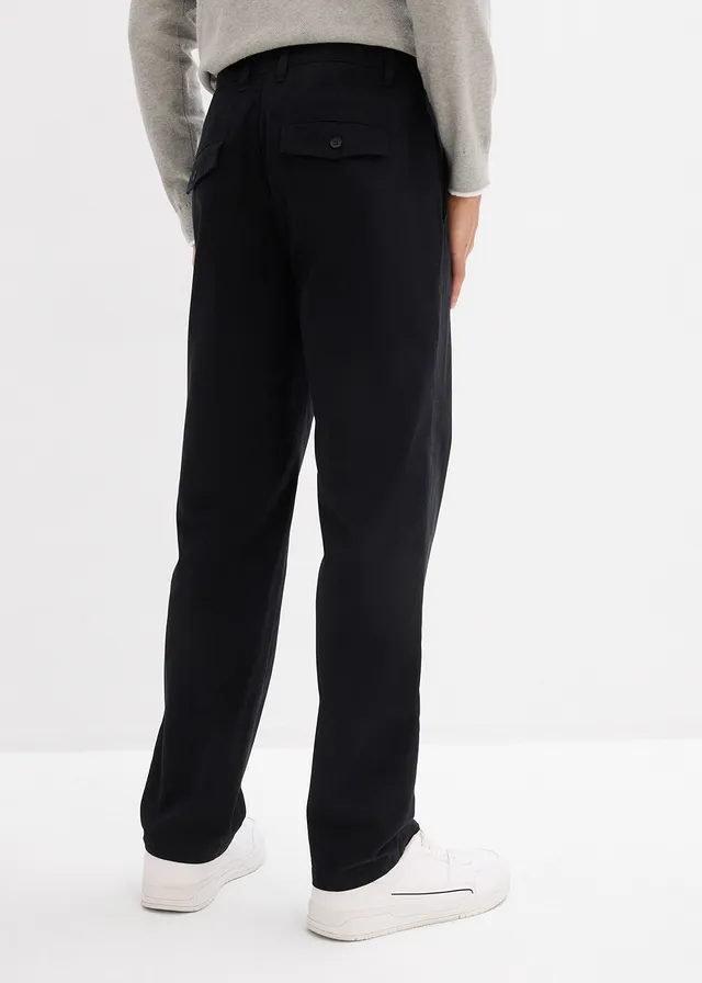Chinobroek van puur katoen met elastische tailleband, relaxed fit, Kleur: zwart
