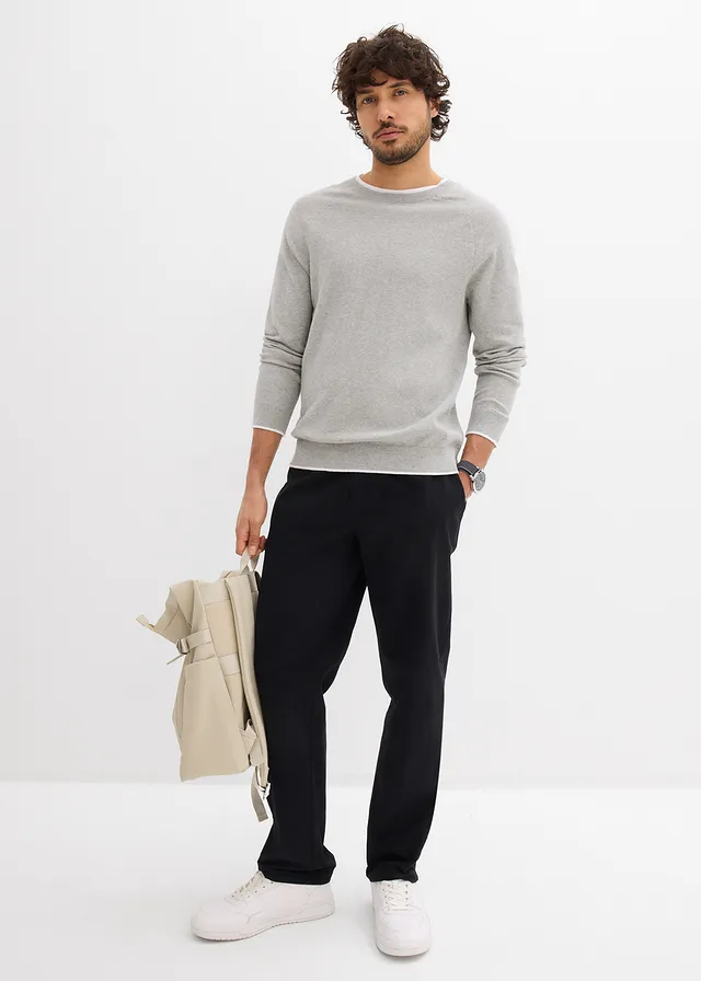 Chinobroek van puur katoen met elastische tailleband, relaxed fit, Kleur: zwart