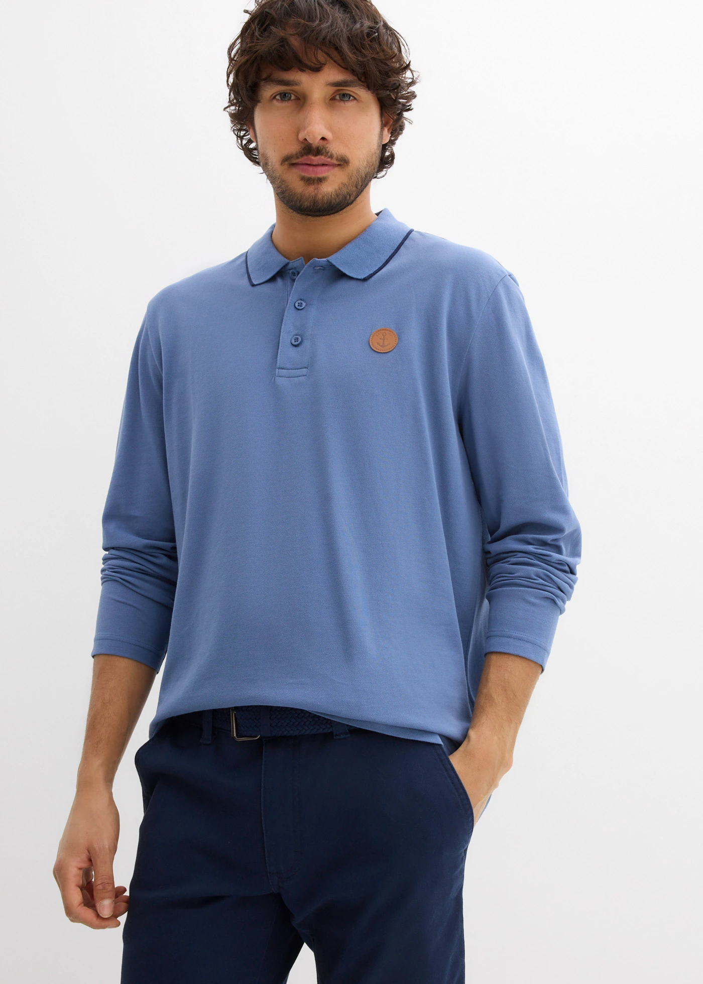 Bluză polo cu mânecă lungă din bumbac organic 100% • albastru jeans • magazin bonprix