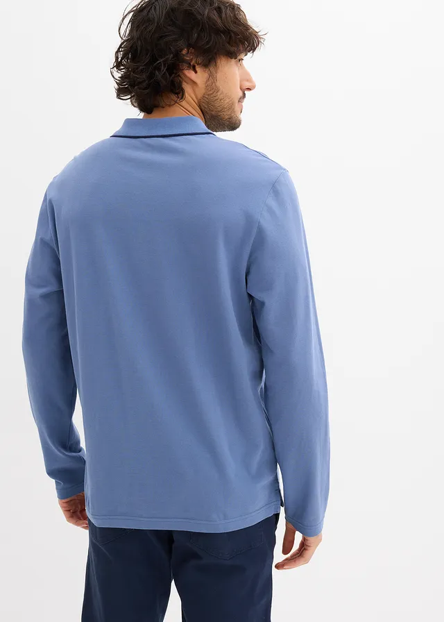 Poloshirt met lange mouwen van biologisch katoen, Kleur: jeansblauw