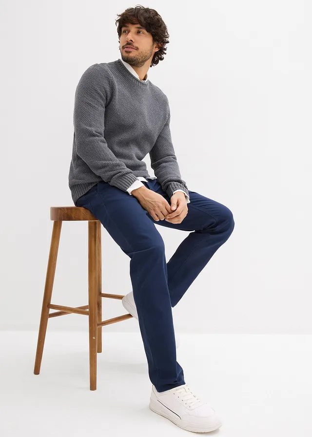 Pantalon chino extensible regular avec taille élastique et ceinture, droit • bleu foncé • product-page.page-title-suffix