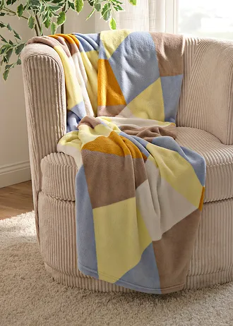 Couverture chaude motif color-block, Couleur: bleu clair-jaune clair-taupe