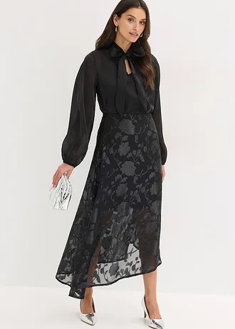 Maxi rok met asymmetrische onderrand, Kleur: zwart
