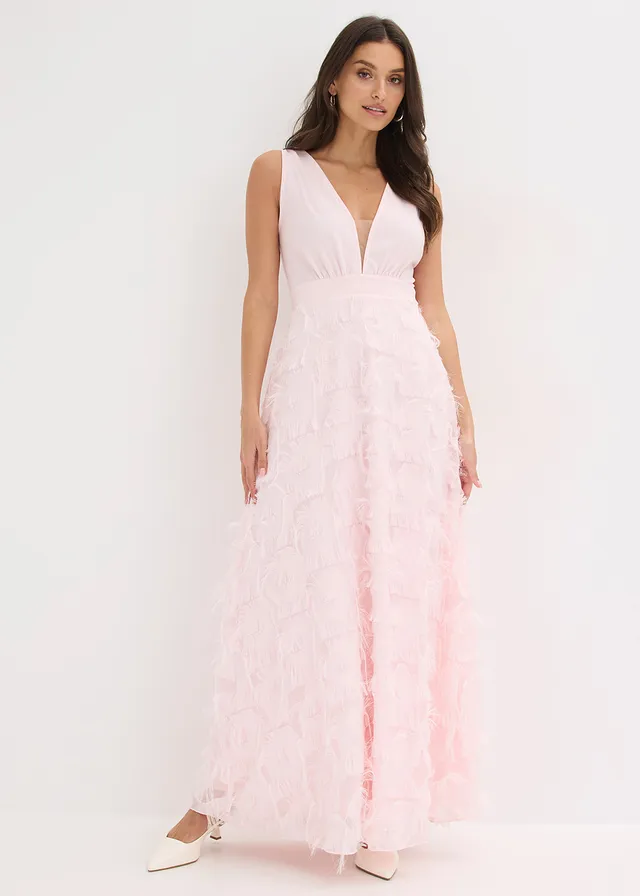 Robe de soirée avec détails frangés, Couleur: rose clair