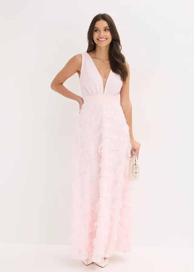 Robe de soirée avec détails frangés, Couleur: rose clair