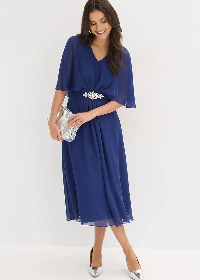 Chiffon jurk met strass, Kleur: middernachtblauw