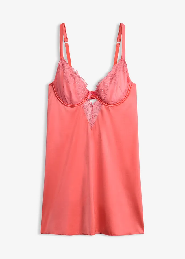 Babydoll van glanzend materiaal en gebloemd borduursel • koraalpink • bonprix online shop