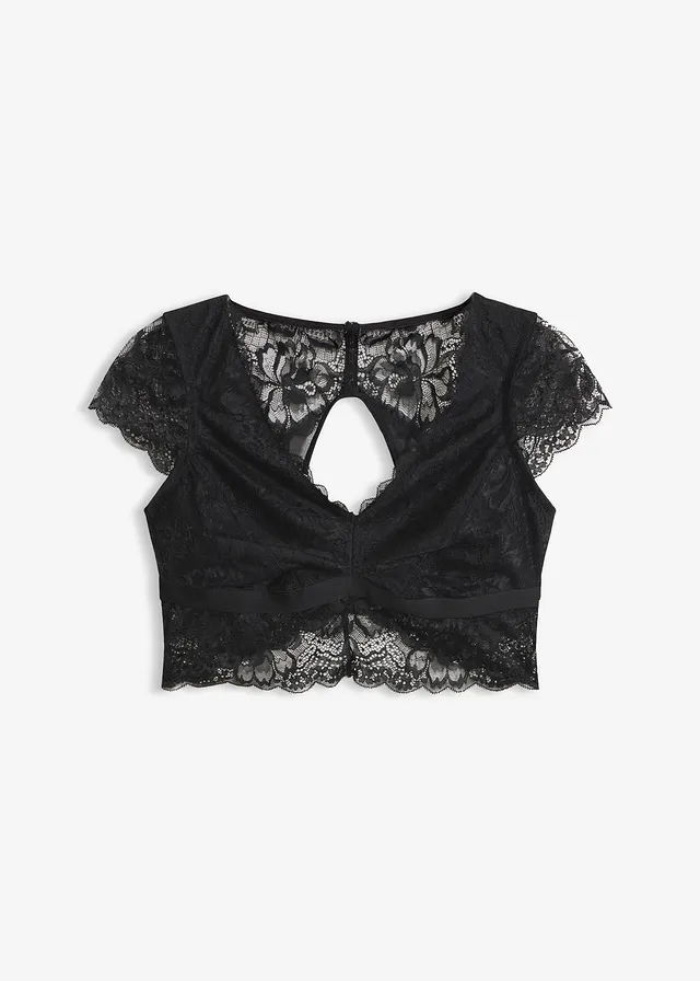 Bralette zonder beugels met gebloemd kant, Kleur: zwart