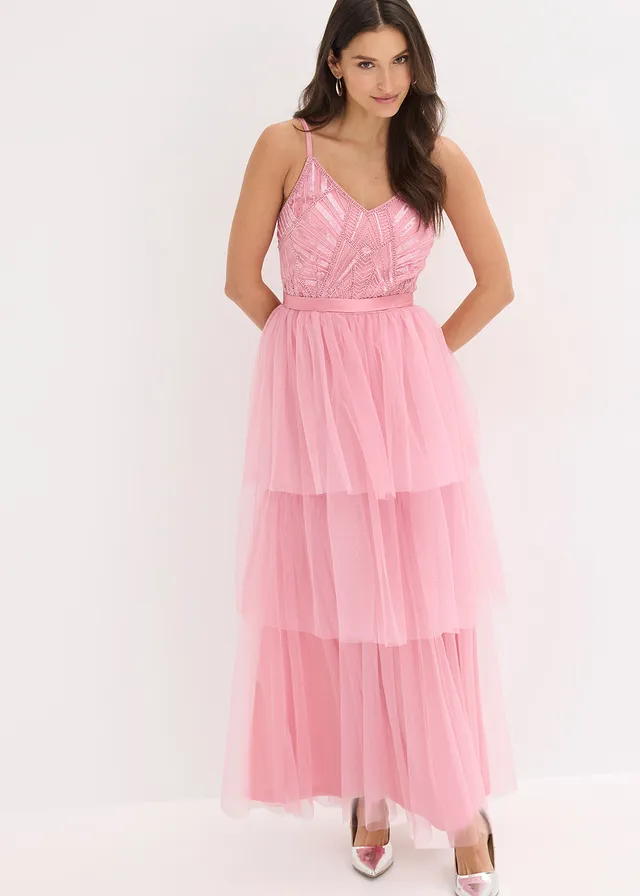 Robe de soirée avec haut en dentelle et jupe en tulle fin, Couleur: orchidée fumé