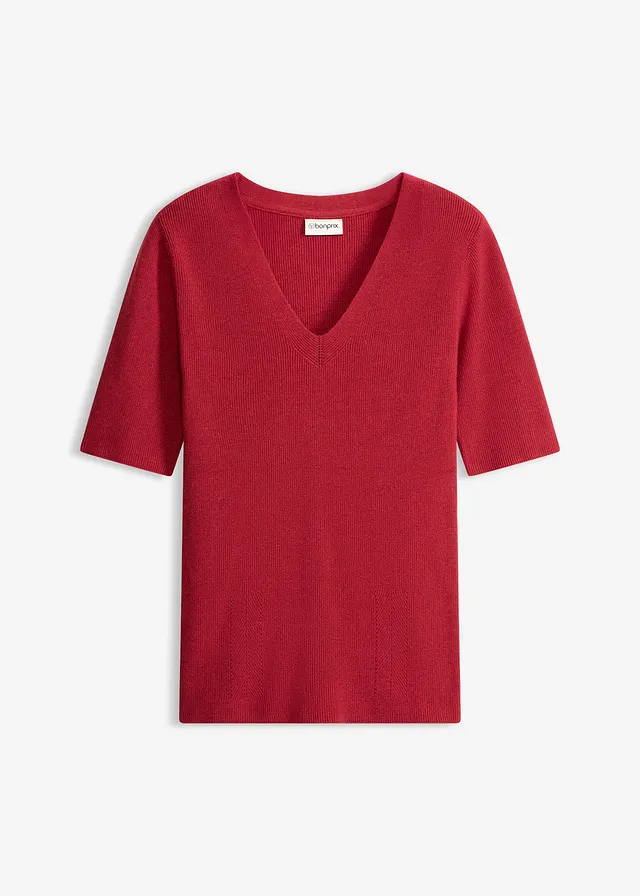 Geribde trui met korte mouw, Kleur: kersenrood