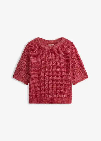 Pull en grosse maille poilue, Couleur: rouge cerise/sable clair chiné