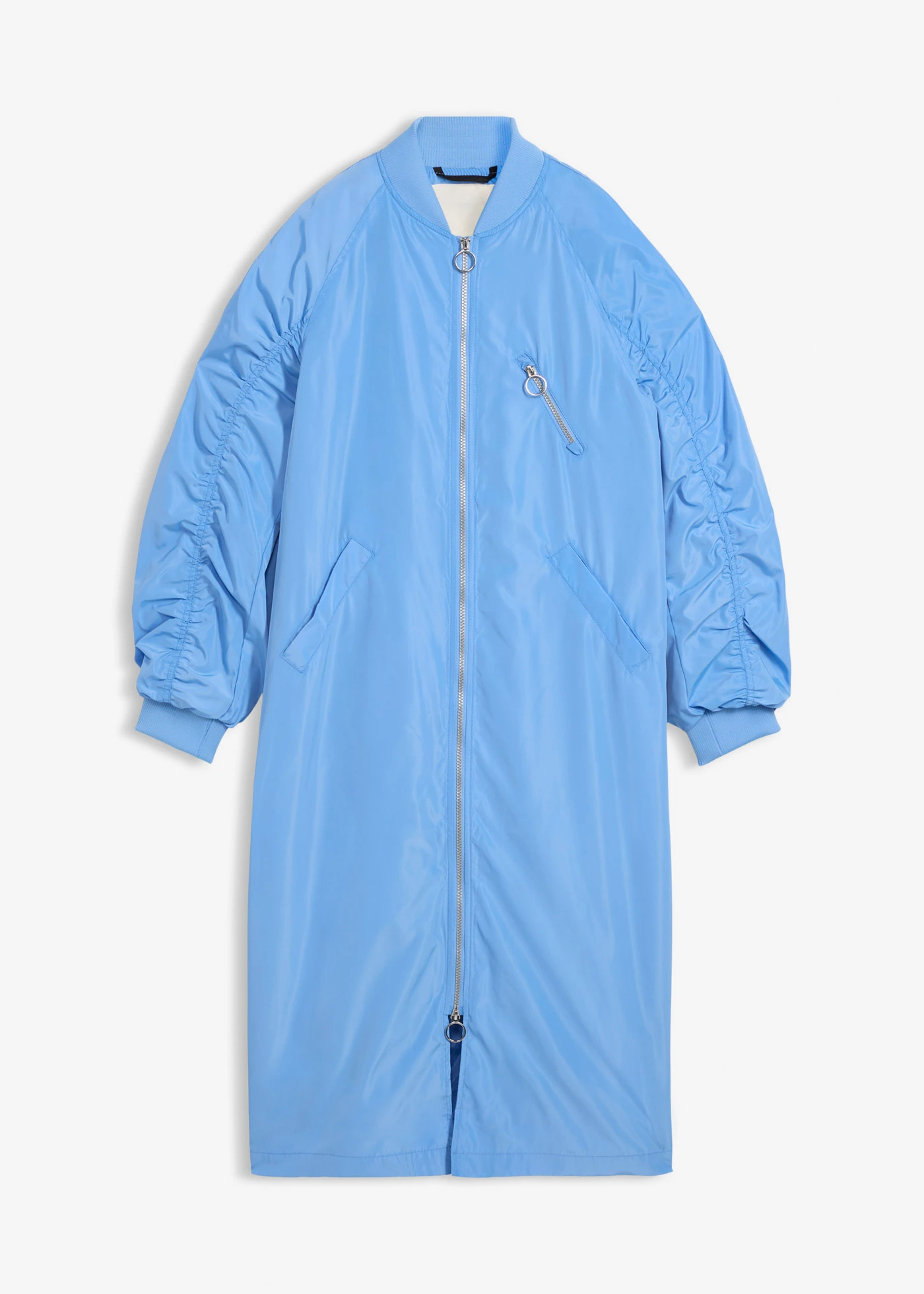 Lange jas met gebreide kraag • middenblauw • bonprix online shop