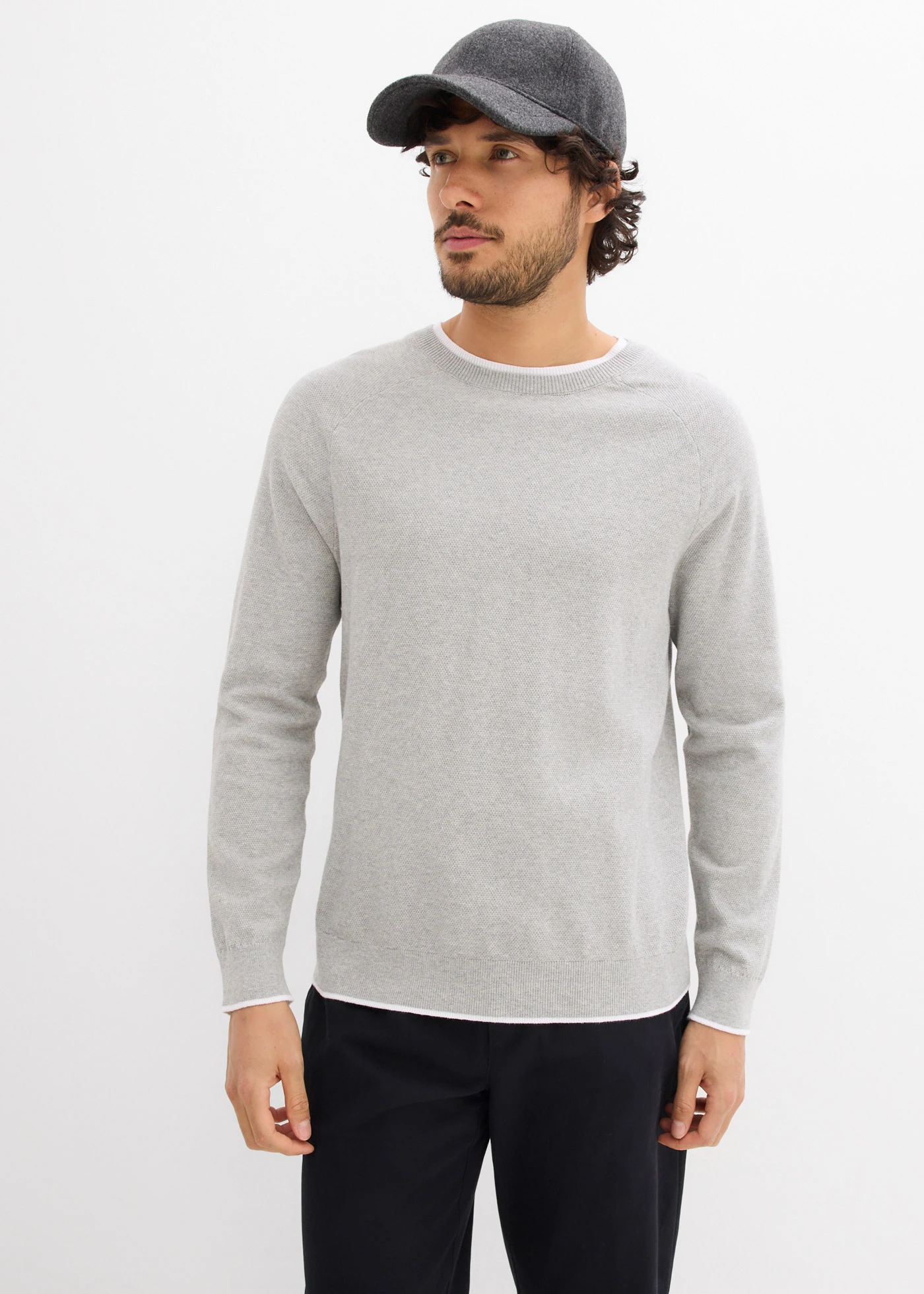 Pull en fine maille à col double • gris clair chiné • Boutique bonprix