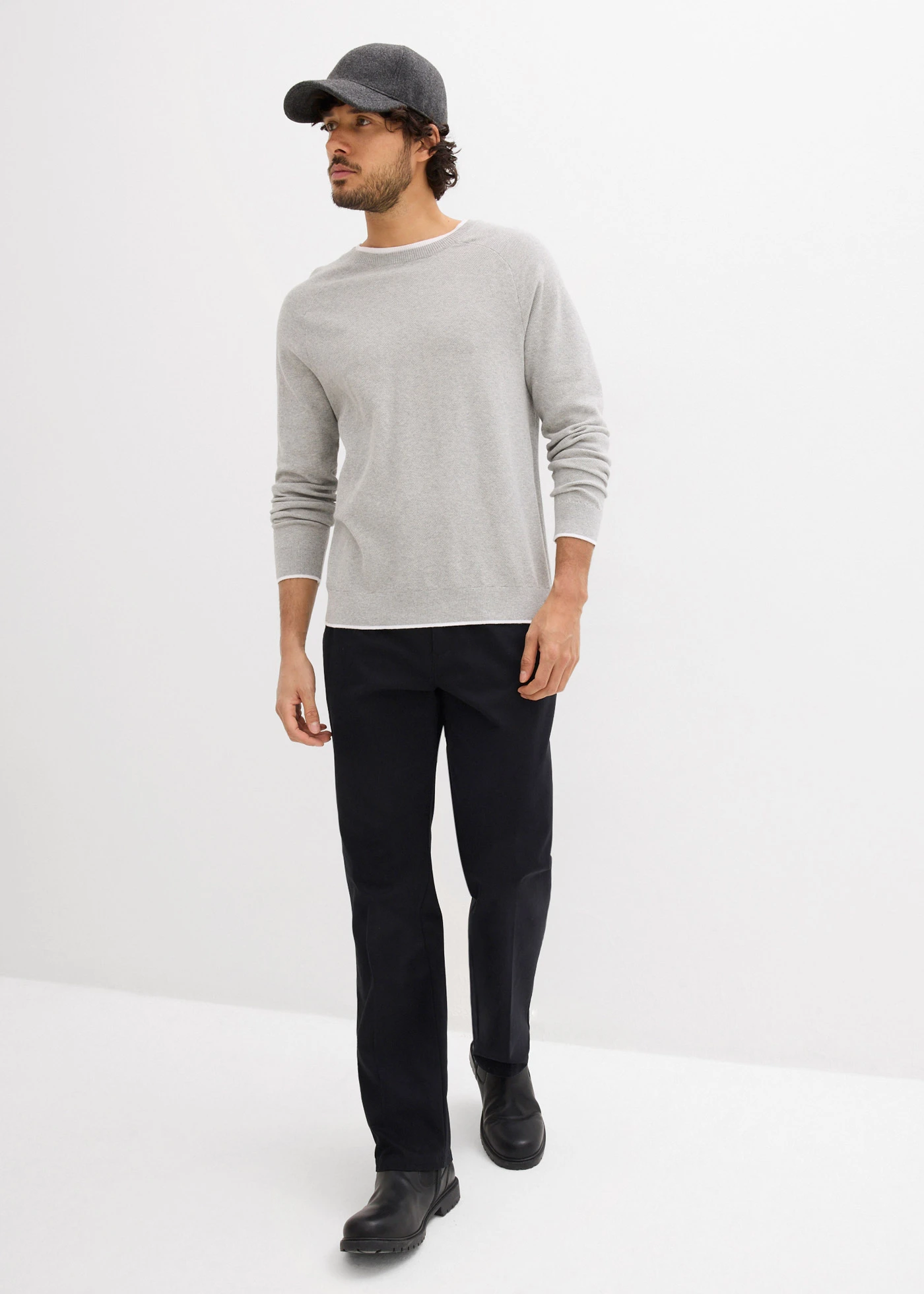 Pull en fine maille à col double • gris clair chiné • Boutique bonprix