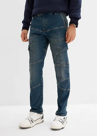 Jean droit extensible, poches cargo, regular, Couleur: bleu denim-beige foncé used