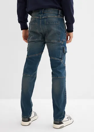 Jean droit extensible, poches cargo, regular, Couleur: bleu denim-beige foncé used