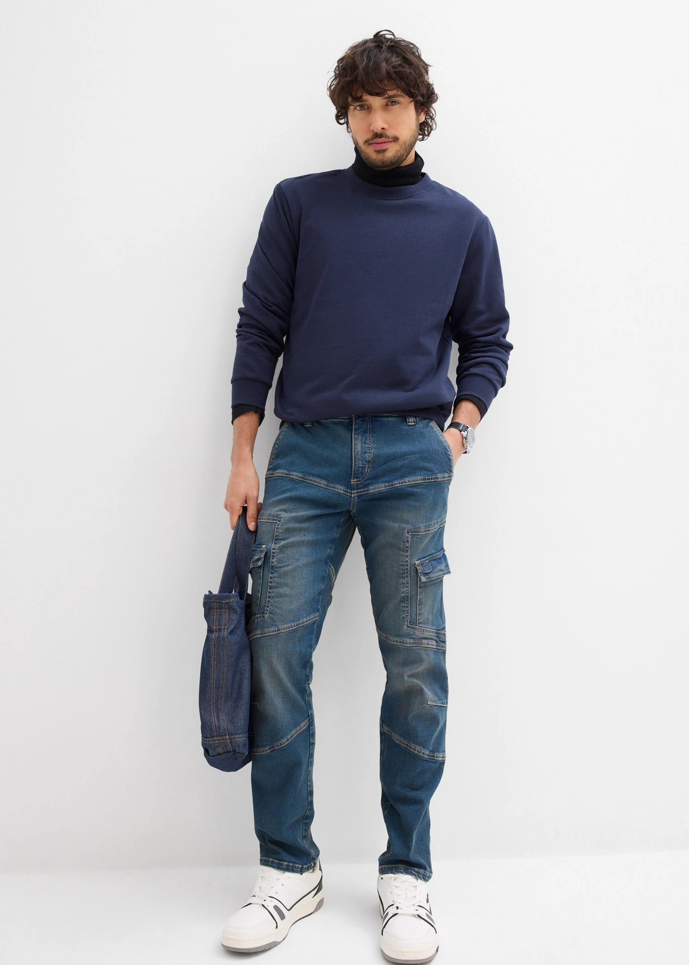 Jean droit extensible, poches cargo, regular • bleu denim-beige foncé used • Boutique bonprix