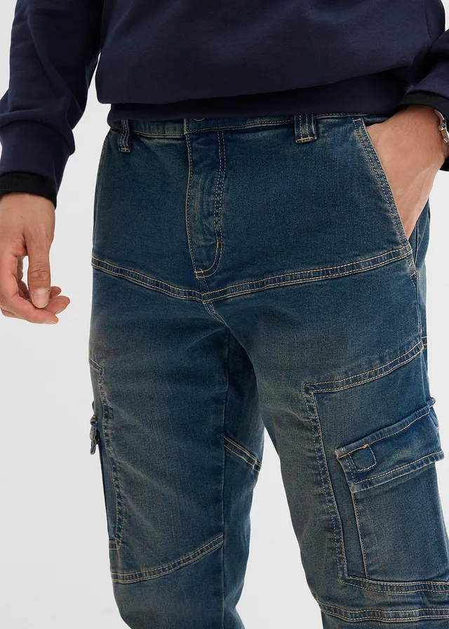 Jean droit extensible, poches cargo, regular • bleu denim-beige foncé used • product-page.page-title-suffix
