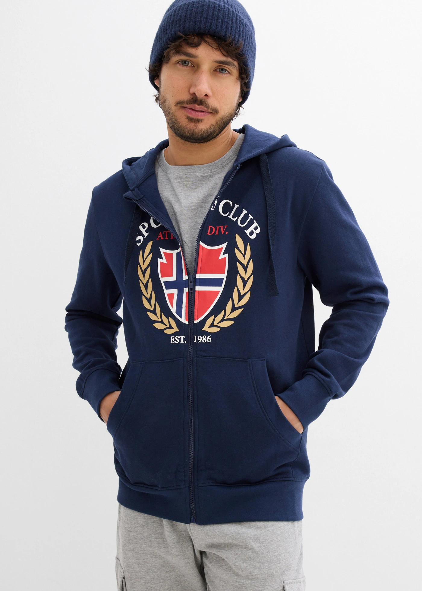 Sweatvest met capuchon van puur katoen • donkerblauw met print • bonprix online shop