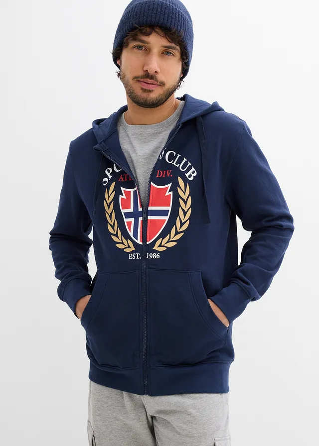 Sweatvest met capuchon van puur katoen, Kleur: donkerblauw met print