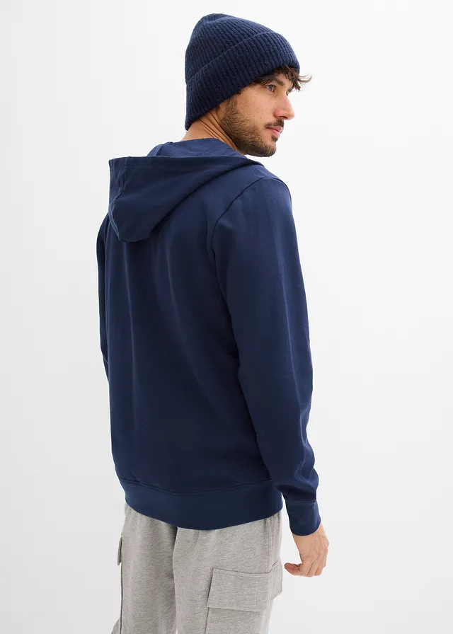 Sweatvest met capuchon van puur katoen, Kleur: donkerblauw met print