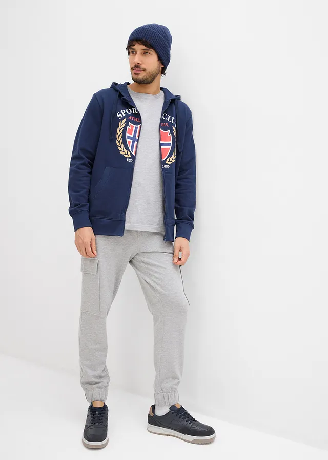 Sweatvest met capuchon van puur katoen, Kleur: donkerblauw met print