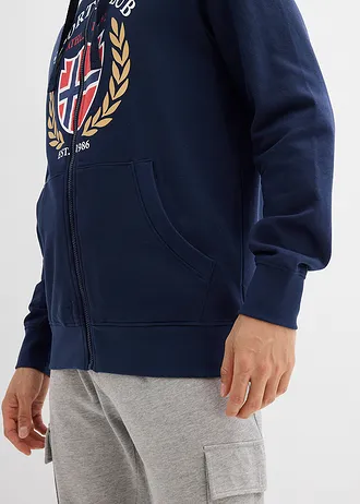 Bluza rozpinana z kapturem, z czystej bawełny • granatowy z nadrukiem • sklep bonprix