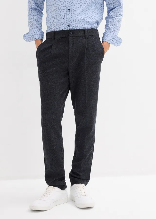 Tapered stretchpantalon met comfortband, regular fit, Kleur: donkerblauw gemêleerd