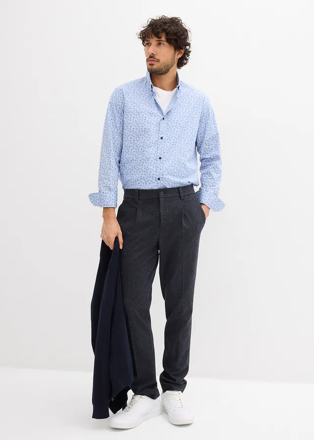 Tapered stretchpantalon met comfortband, regular fit, Kleur: donkerblauw gemêleerd