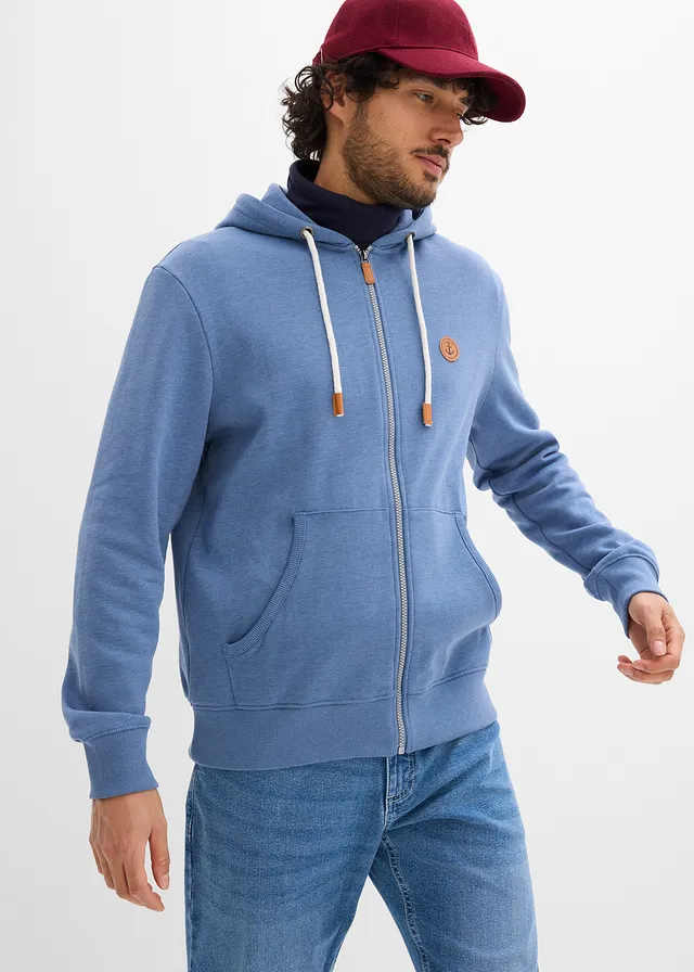 Sweat zippé à capuche et détails enduits, Couleur: bleu jean chiné