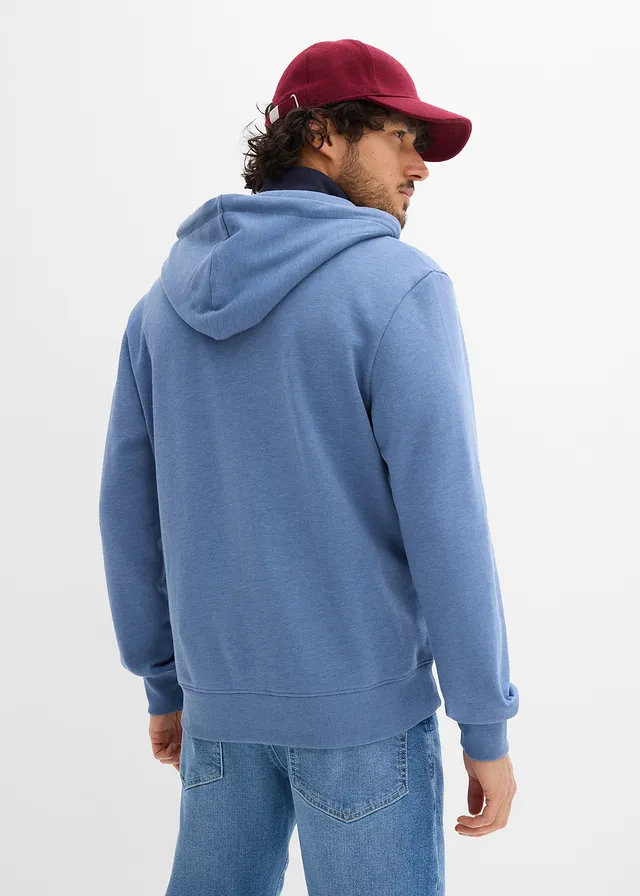 Sweat zippé à capuche et détails enduits, Couleur: bleu jean chiné